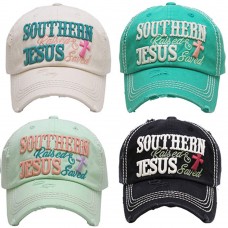HITW  Vintage Distressed Ball Cap Hat  "SOUTHERN RAISED & JESUS SAVED"  eb-55142704